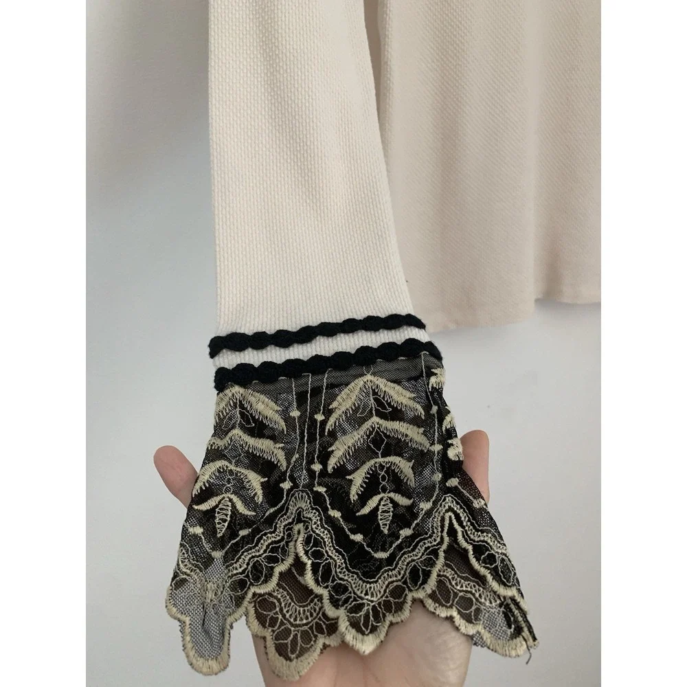 Free People‎ Last Dance Lace Cuff Long Sleeve V Neck Thermal Top Sz L Bohemian